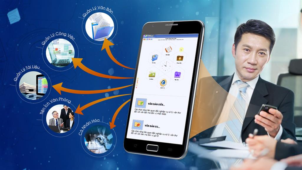 Hình ảnh minh họa một người sử dụng ứng dụng đầu tư trên điện thoại thông minh trong văn phòng hiện đại