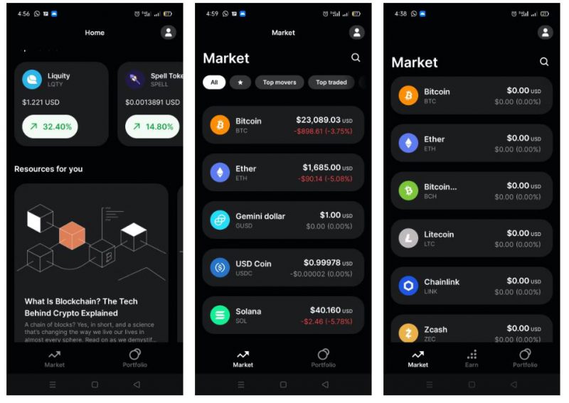 Giao diện một số ứng dụng đầu tư Crypto phổ biến trên điện thoại