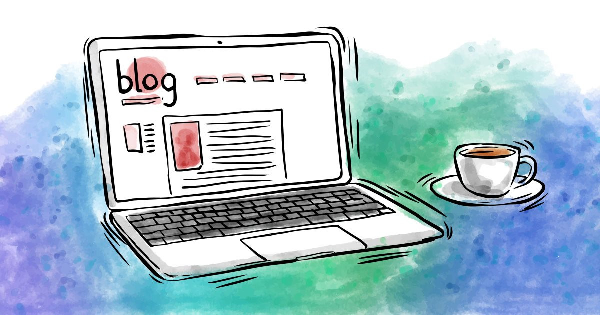 Người viết blog đang làm việc trên máy tính xách tay với tách cà phê