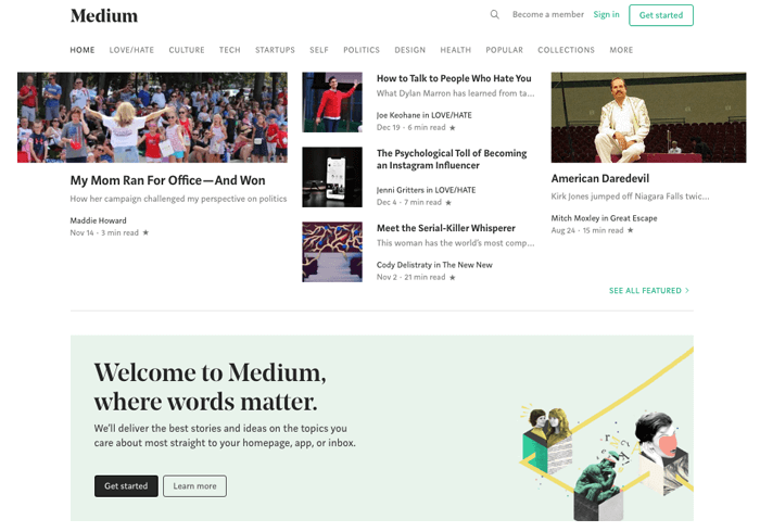Giao diện viết blog trên Medium đơn giản và dễ sử dụng